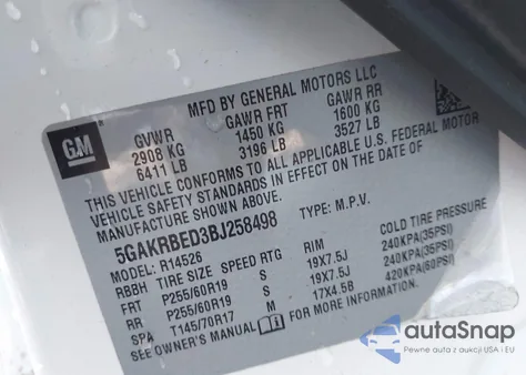 2011 Buick Enclave 1Xl from USA, damaged, VIN 5GAKRBED3BJ258498